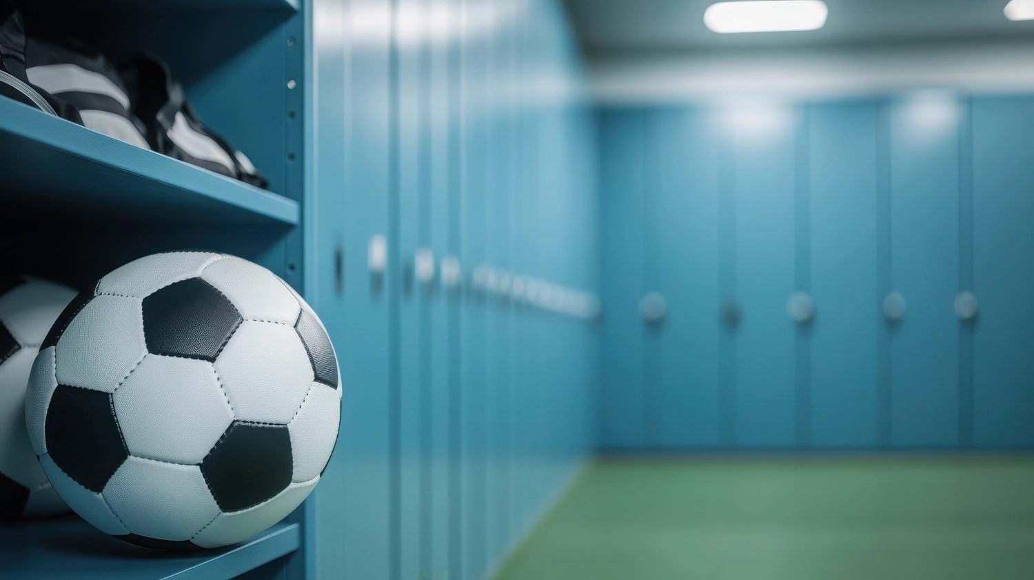 FC Friedrichstadt – Fußballverein – Eine Nahaufnahme eines Fußballs auf einem Regal in einer Umkleidekabine mit leuchtend blauem Hintergrund für eine energiegeladene Sportatmosphäre.